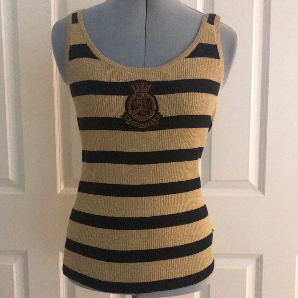 Lauren Ralph Lauren Metallic Gold & Black Striped Sleeveless Knit Tank Top S